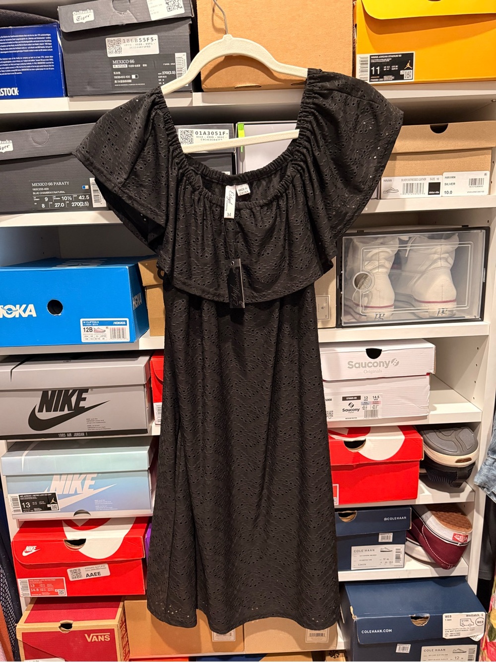 Black Eyelet Off-Shoulder Midi Dress NWT